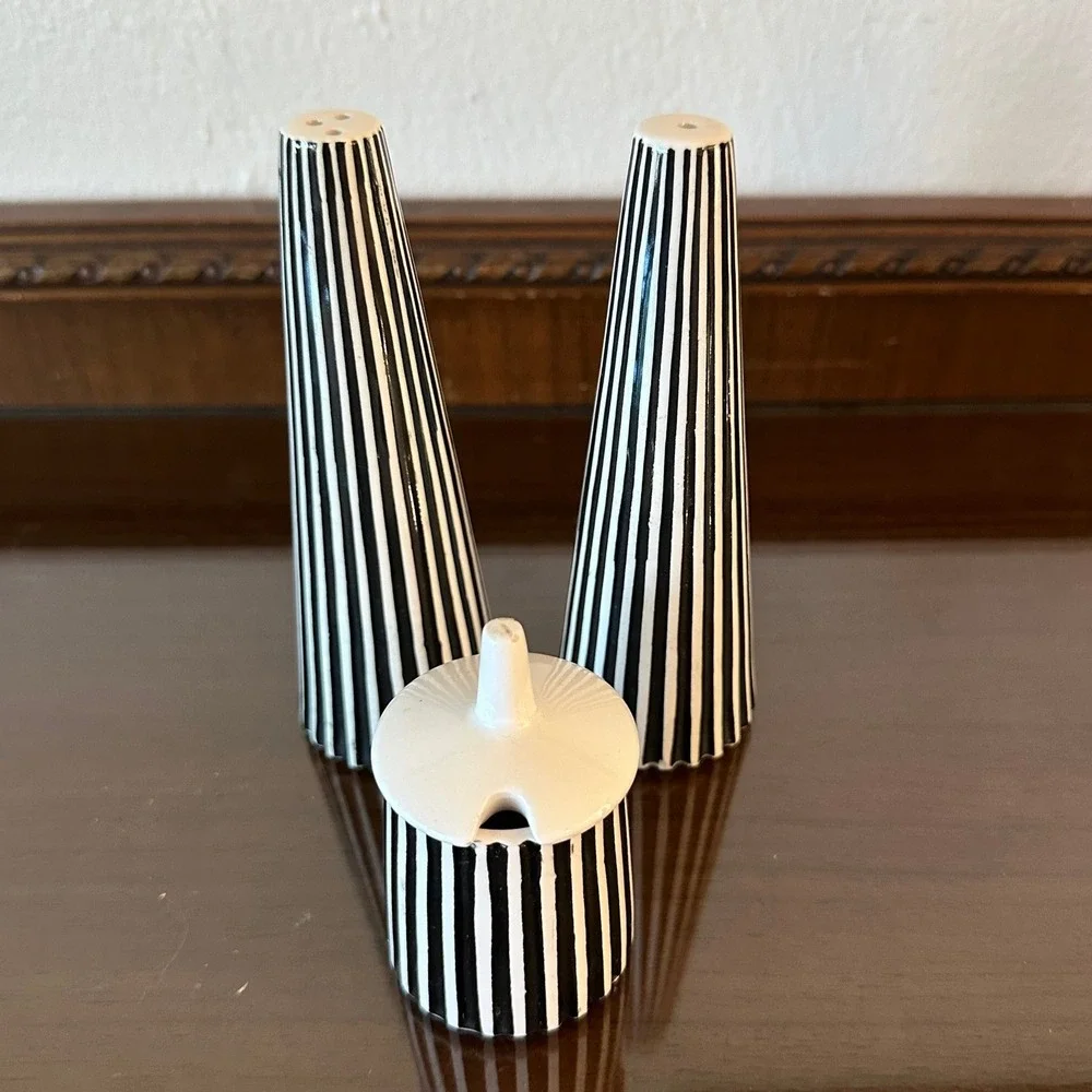 Hornsea Pottery Black White Striped Salt Pepper Shakers Mustard Pot Set Ceramic